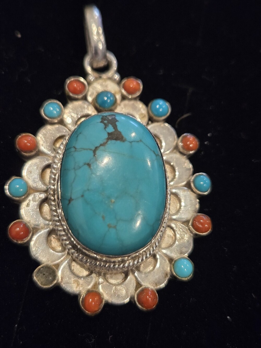 Turquoise and Coral Sterling Silver Pendant Necklace